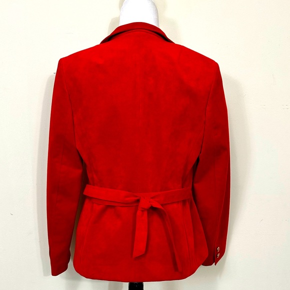 NEW VINTAGE Cherry Red Faux Suede Coat Straight Skirt Zipper 2 pc Jacket Suit 12 - Picture 9 of 14